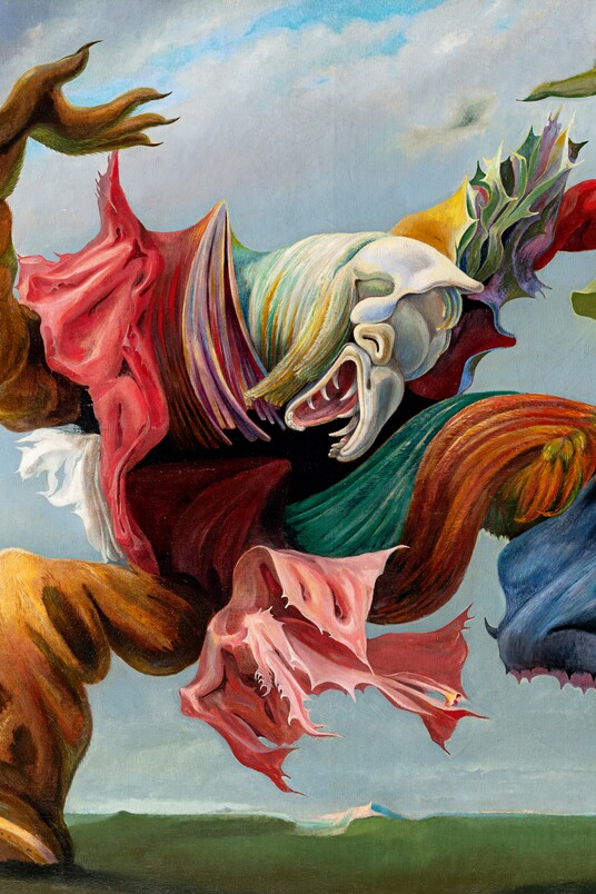 Max Ernst (1891–1976), Der Hausengel (Der Triumph des Surrealismus), 1937, Öl auf Leinwand, 114,2 x 146,5 cm, Collection Hersaint © Vincent Everarts Photography Brussels / VG Bild-Kunst, Bonn 2025
